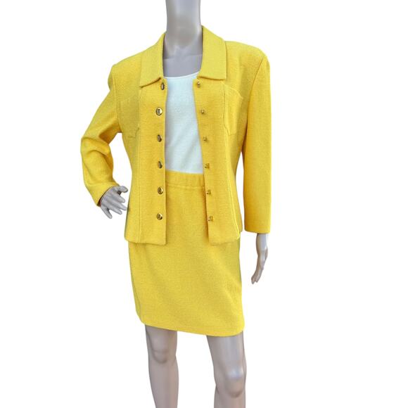 St. John 8 Skirt Suit Yellow Tweed Knit Gold Turn-Lock Jacket Pencil Mini Set - Picture 4 of 16